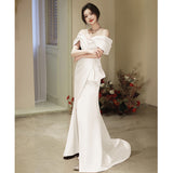French One-Word Shoulder-To-Night Dress Sexy Open-Fork White Art Test Solo Performance Suit Waist Fish Tail Small Tail Light Marriage HZ0517