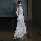 French Long-Sleeved Light Wedding Bridal Temperament Simple Spring And Autumn Fastern Go Out Yarn Super Fairy White Fishtail Dress Skirt HZ0517