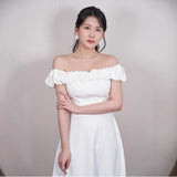 Korean Hepburn Evening Dress Birthday Banquet Temperament Ceremony Host Niche Shoulder White Dress Woman HZ0517