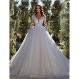 Modern Shiny Tulle Wedding Dress Long Sleeve V-Neck Bridal Dress Bridal Dress Robe De Mari¨¦e Female HZ0517