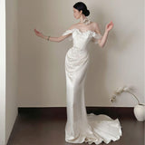 Simplicity Of The Blind Wedding Dress Bride Simple Niche Light Luxury High-End Feeling French Fishtail Go Out Yarn White Dress Dress HZ0517