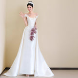 French One-Word Shoulder Light Wedding Dress Bride High-End Feeld With Simple White Yarn Tail Engagement Welcome Dress HZ0517