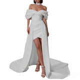Women's Wedding Dress With A Word-Word Sleeveless Banquet Party Detachable Tail Dress HZ0517