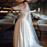 French Light Wedding Dress New Light Luxury Bride's Bridal Fasci Surface Small Tailings Linen Long-Sleeved Lace Yarn HZ0517