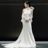 French Hanging Neck Light Wedding Dress 2026 New Bride Retro Simple Sing Dress Small Drag Tail Super Fairy Go Out Yarn Summer HZ0517
