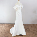 French Light Wedding Dress Bride A Simple Shoulder Towel Go Out White Body-Repaired Fishtail Dress Dress HZ0517