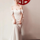 French Light Wedding Dress Bride A Simple Shoulder Towel Go Out White Body-Repaired Fishtail Dress Dress HZ0517
