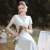 French-Style Silk Noodles Light Wedding Dress 2026 New Bride Simple V-Neck Dress Small Lace Go Out Yarn Welcome Suit HZ0517