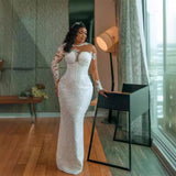 Ding Noodle Bride Wedding Dress White Lace Temperament Main Wedding Dress Beads Long Sleeve Removable Tailed Wedding Dress HZ0517
