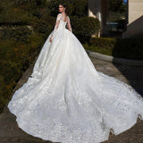 2026 New Long-Sleeved Shoulder Long-Tailed Lace-Puff Skirt Wedding Dress High-End Thin Ceremony Yarn HZ0517