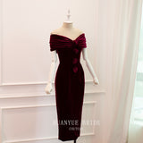 Vintage Port Velvet Slim Dress Short-Word Shoulder Thin Long Engagement Dinner Vintage Dress HZ0517