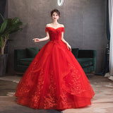 One-Word Shoulder Red Wedding Dress New Dress Together With The Thin Bride Fluffy Skirt Wedding Dress Wedding Dress Chinese High Sense HZ0517