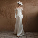 One-Word Shoulder-To-Shoulder Wedding Dress Simple Bride Long Sleeves Go Out Yarn High-End Feeling Small Man With A Vertiny Fishtail Welcome Dress Woman HZ0517