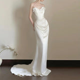 Simplicity Of The Blind Wedding Dress Bride Simple Niche Light Luxury High-End Feeling French Fishtail Go Out Yarn White Dress Dress HZ0517