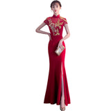 A Toasting Cheongsam Summer Long Chinese Bride Wedding Red Fishtail Evening Dress Women's Dress Evening Dress Evening Dress HZ0517