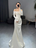 French Light Wedding Dress 2026 New Simple Shoulder-Swear Long-Sleeved White Fishtail Engagement Dress Dress HZ0517