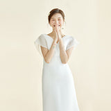 2026 New Simple Fish Tail Light Wedding Dress Thin V-Neck Tail Princess Mori Family Travel To Shoot The Luxury Bride Welcome Yarn 0 HZ0517