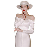 One-Word Shoulder-Sand-Socket French Light Wedding Dress Simple White Thin Fish Tail Long Sleeve 2025 New Banquet Dress HZ0517