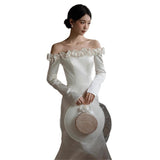 One-Word Shoulder-To-Shoulder Wedding Dress Simple Bride Long Sleeves Go Out Yarn High-End Feeling Small Man With A Vertiny Fishtail Welcome Dress Woman HZ0517