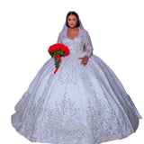 Luxury Grand Ball Dress Lace Lebright Wedding Dress V-Neck Long Sleeve Bride Dress Pearl Lace Duffet Long Sleeve HZ0517