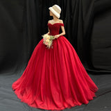 Red Shoulder Bride Wedding Dress Toaster Waist Size Pregnant Woman Out Punk Dress Solo Performance Evening Dress HZ0517