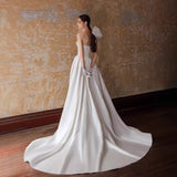 New One-Shoulder Dingy Wedding Dress Simple Fashion Open-Fork Studio Wedding Dress Tug Tail Thin Travel Wedding Dress HZ0517