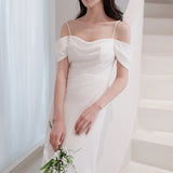 French Light Wedding Dress Bride Simple Temperament Shoulder-Sand-Faced Go Out Of The Syarn White Sling With Fishtail Dress Skirt HZ0517