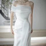 French One-Word Bridal Wedding Dress High Quality High-Quality Light Luxury Niche Temperament White Fishtail Welcome Yarn HZ0517