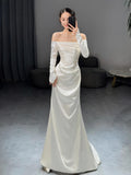 French Light Wedding Dress 2026 New Simple Shoulder-Swear Long-Sleeved White Fishtail Engagement Dress Dress HZ0517