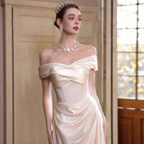 French-Style Linden Face Shoulder Light Wedding Dress Bride Simple Go Out Yarn Super Xian Sen System Body Fishtail White Dress Dress HZ0517
