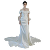 French-Style Vertinium Light Wedding Dress Bridal Sense Of Simple Temperament Shoulder Yarn Fishtail White Welcome Dress HZ0517