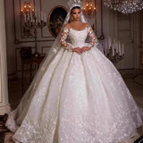 New African Wedding Dress Complexion Lace Long-Sleeved High-Waisted Diamond 3D Three-Dimensional Flower Bridal Wedding Dress HZ0517