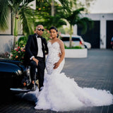 Large-Size Luxury Wedding Dress Bridal Dress African Mermaid Long-Sleeved Bead Lace Pearl HZ0517