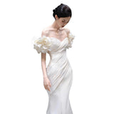 Fishtail Light Wedding Dress High-End Light Luxury Shoulder Bride Flowers Go Out Yarn Niche To Shoot White Engagement Dress Skirt HZ0517