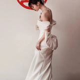 French Light Wedding Dress Bride A Simple Shoulder Towel Go Out White Body-Repaired Fishtail Dress Dress HZ0517