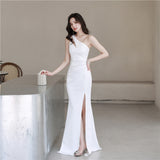 White Evening Dress Dress Light Luxury Niche Design Woman's New 2025 Explosive Temperament One-Shoulder Fishtail Host Summer HZ0517