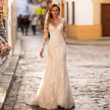 Bride Long-Sleeved Wedding Dress 2026 New Simple Thin Deep V Collar Bare Back Small Tail Shot Soft Yarn Lace Skirt HZ0517