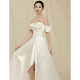 One-Word Shoulder High-End Light Wedding Dress Temperament Light Luxury Bride Wedding Welcome Yarn And Fasci French Wedding Dress Tail HZ0517