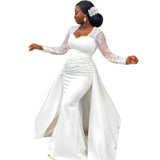 French Light Wedding Dress Bridal Sen Lace Fishtail Welcome Door Yarn Shoulder Long-Sleeved Dress Dress Summer HZ0517