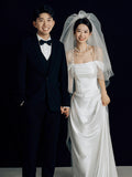 French Word Shoulder Light Wedding Dress Bride Simple Yarn Temperament White Fishtail Dress Dress High Sense HZ0517