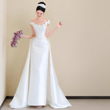 French One-Word Shoulder Light Wedding Dress Bride High-End Feeld With Simple White Yarn Tail Engagement Welcome Dress HZ0517