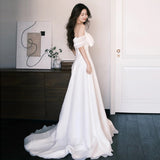 One-Word Shoulder-Swear-Faced Light Wedding Dress French Wedding Bride Simple White Yarn Temperament Tail Welcome Engagement Dress Dress HZ0517