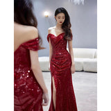 Fishtail Toast Bridal Wine Red Open Fork Engagement Dress Dress Squins Shoulder Host Senior Sense HZ0517