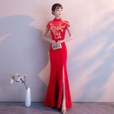 A Toasting Cheongsam Summer Long Chinese Bride Wedding Red Fishtail Evening Dress Women's Dress Evening Dress Evening Dress HZ0517