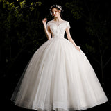 2025 New Esui Lace Wedding Squins Sexy Round Collar Shoulder Long Slim Slim Thin Wedding Dress HZ0517