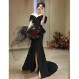 French One-Word Shoulder-To-Night Dress Sexy Open-Fork White Art Test Solo Performance Suit Waist Fish Tail Small Tail Light Marriage HZ0517