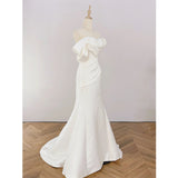 French Word Shoulder Light Wedding Dress Bride Simple Temperament Welcome Out Of The White Body-Repair Sutny Fishtail Dress Dress HZ0517