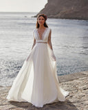 New Holiday Beach Travel Light Wedding Dress White Chiffon Dress Deep V Small Tail Wedding Dress HZ0517