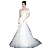 One-Word Shoulder French Light Wedding Dress Super Fairy Small Luxury Fish Tailsen Dress Senior Feeling Bride Welcome Out Of The Yarn HZ0517