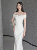 New Steven White Shoulder Evening Dress Engagement Toast Banquet Annual Fish Tail Light Wedding Dress Yarn HZ0517
